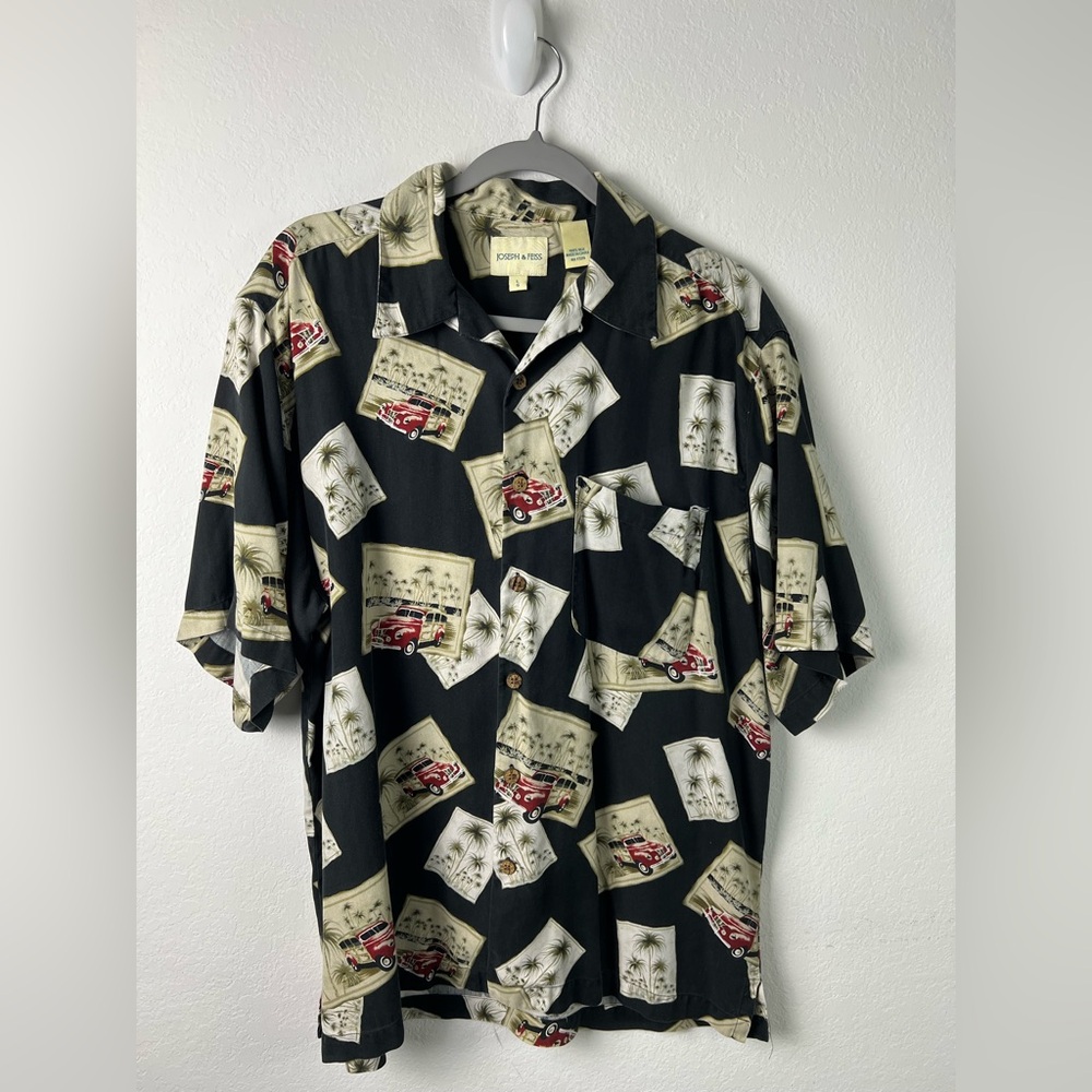 Joseph & Feiss Silk Cars & Palm Trees Short Sleeve Button Down Vacation BBQ
